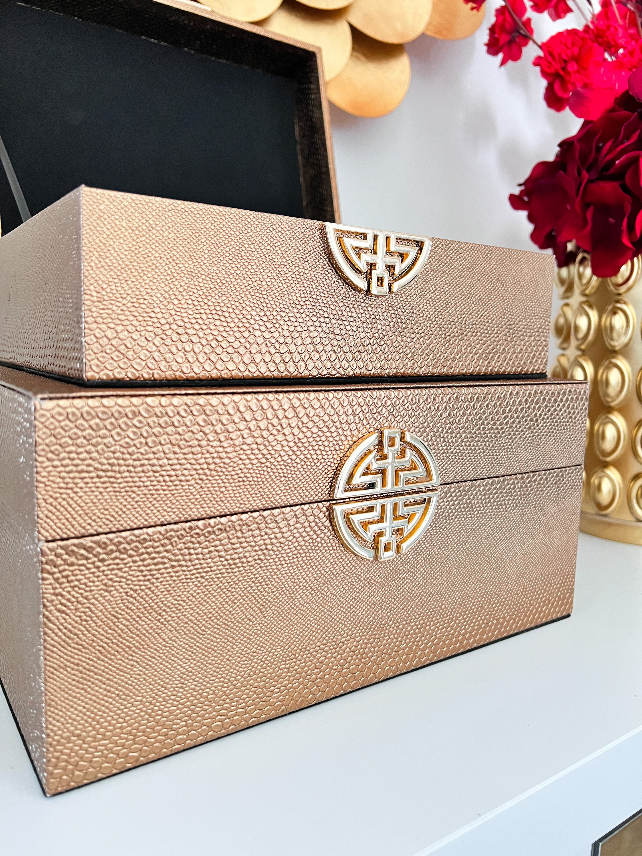 Leather Decorative Boxes Set of 2 Gold Decorative Boxes Set Etsy