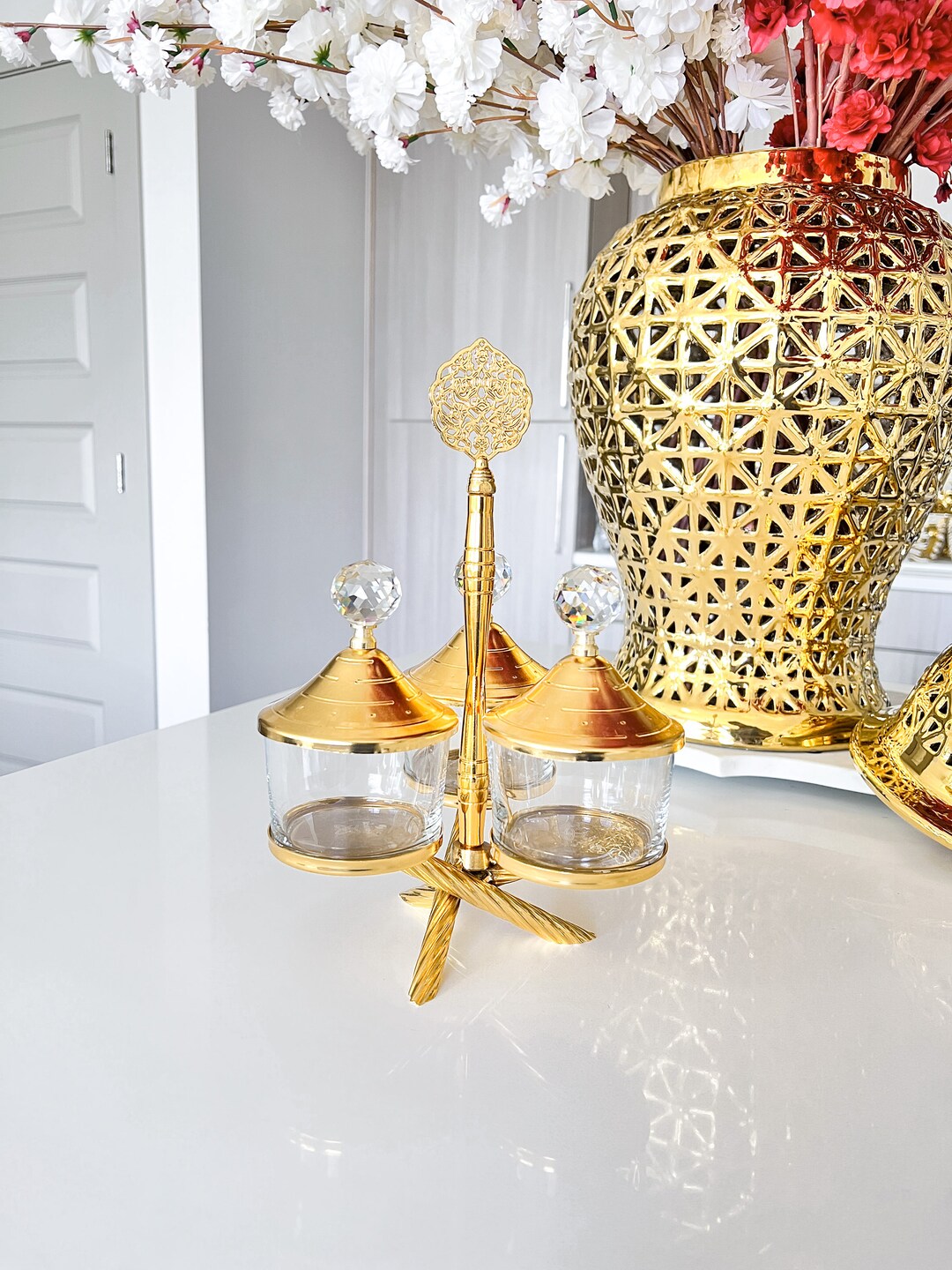 Gold Glass Canister Gold Kitchen Canisters Gold Snack Jar Etsy