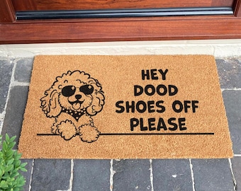 Hey Dood Shoes Off Please Funny Dog paillasson - Golden Doodle, cadeau Labradoodle pour amoureux des chiens - cadeau de pendaison de crémaillère - Goldendoodle