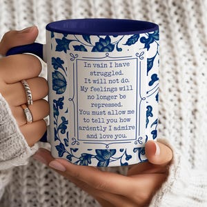 Tazza Mr Darcy Jane Austen - Regalo Orgoglio e pregiudizio, Ti ammiro e ti amo - Tazza Chinoiserie, Fiori blu, Toile - Regalo per amanti dei libri, Book Worm