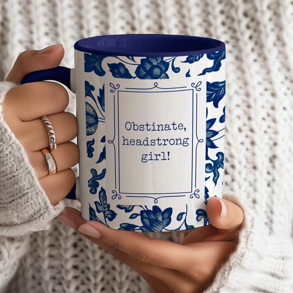 Eigenzinnig eigenzinnig meisje Jane Austen-mok - Pride & Prejudice-cadeau - Chinoiserie-mok - blauwe bloemen, blauwe toile - cadeau boekenliefhebber, boekenwurm