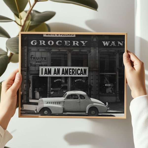 I Am An American, 1940s Car Photograph Print, Black & White Photo, Vintage Photo, Film Photography, Historical Photography, Retro Photograph