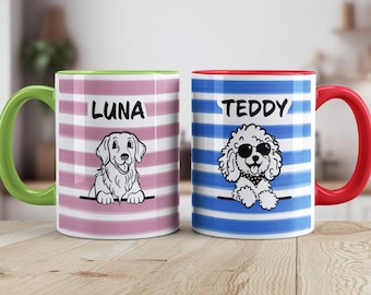 Mug pour chien personnalisé - Portrait d'animal de compagnie personnalisé, motif à rayures - Cadeau pour les amis des chiens