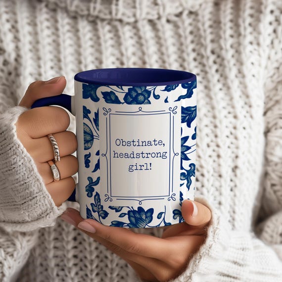 Obstinate Headstrong Girl Jane Austen Mug - Pride & Prejudice Gift - Chinoiserie Mug - Blue Flowers, Blue Toile - Book lover Gift, Book Worm