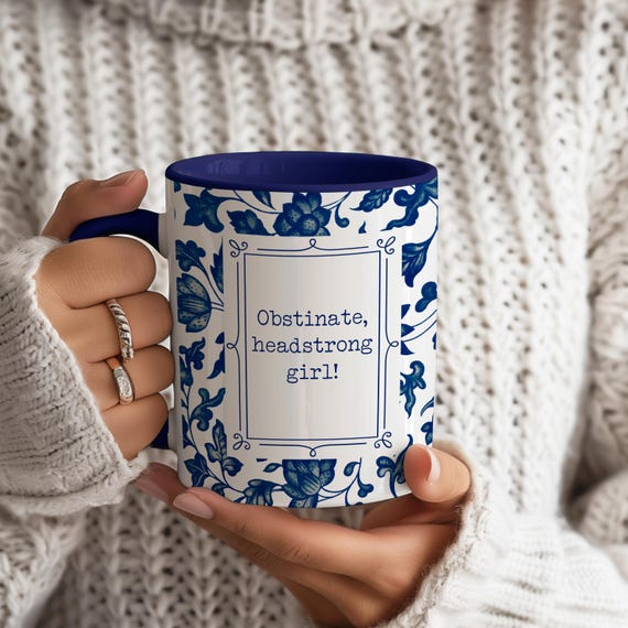 Obstinate Headstrong Girl Jane Austen Mug - Pride & Prejudice Gift - Chinoiserie Mug - Blue Flowers, Blue Toile - Book lover Gift, Book Worm