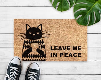 Paillasson impertinent chat noir, tapis de bienvenue Leave Me in Peace - cadeau drôle pour amoureux des chats pour maman chat - cadeau de pendaison de crémaillère