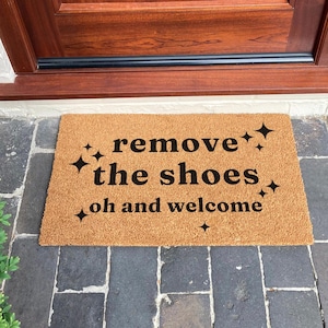 Verwijder de schoenendeurmat - grappige welkomstmat - geen schoenen toegestaan, los de schoenen - housewarmingcadeau - sarcastische instaptapijt - schattige buitenmat
