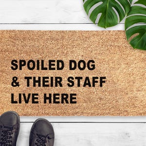Felpudo "Perro mimado y su personal viven aquí" - Regalo para amantes de los perros - Felpudo sarcástico para perros - Felpudo divertido para perros - Felpudo de bienvenida para un nuevo hogar