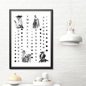 May include: Black and white eye chart with a fashion theme. The chart features four women in different outfits and the letters I, M, M, A, L, C, H, C, E, C, U, F, M, L, F, 1, A, 0, Z, T, R, E, E, T, L, D, D, E, N, C, E, S.