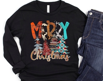 May include: Black long-sleeve shirt with a graphic of colorful Christmas trees and the text "Merry Christmas".