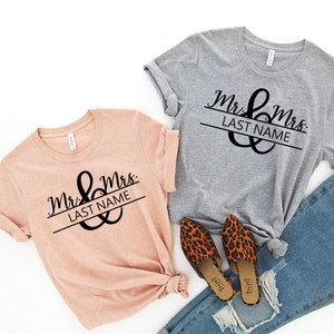 Sra. y Sr. Camisa personalizable, camisa de fiesta de bodas, camisa de luna de miel, camisa de boda, camiseta de esposa y hubs, camiseta recién casada, camisa de pareja a juego