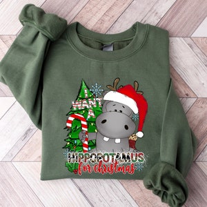 May include: Green Christmas sweatshirt with a cartoon hippopotamus wearing a Santa hat and holding a candy cane. The text on the sweatshirt reads "I want a hippopotamus for Christmas".