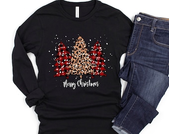 Büffel Kariertes Weihnachtsshirt, Frohe Weihnachten Shirt, Weihnachts T-Shirt, Weihnachtsgeschenk, Leoparden Shirt