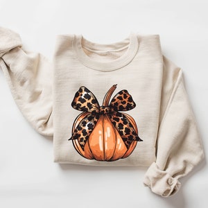 May include: A beige sweatshirt with a graphic of an orange pumpkin with a leopard print bow.