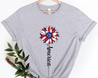 America Sunflower Shirt, USA Flag Flower Shirt, Gift For American, Freedom Shirt, Independence Shirt, Sunflower 4th Of July Flag Graphic Tee