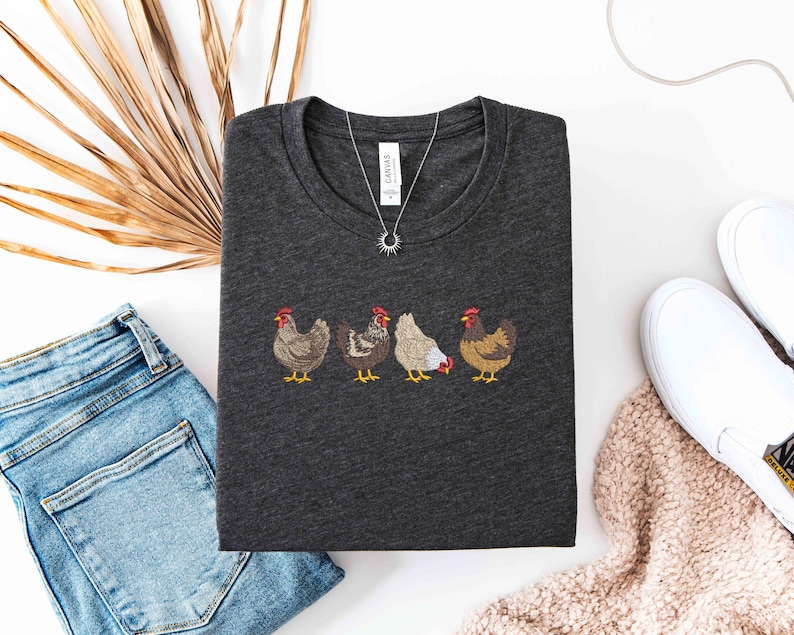 Embroidered Chicken Shirt, Farm Animal Sweatshirt, Cute Hen Graphic T-Shirt, Country Farmhouse Tee, Gift for Chicken Lovers, Farmer Gift image 2