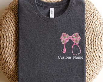 Embroidered Personalized Nurse Embroidered Shirt with Bow, Custom Name Healthcare Worker Tee, Floral Stethoscope T-Shirt, Nurse Sweatshirt