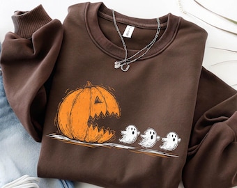 Pumpkin Eating Ghosts Halloween Sweatshirt | Ghost Chasing Pumpkin Sweatshirt | Halloween Gamer Gift | Spooky Ghosts Shirt | Halloween Gift