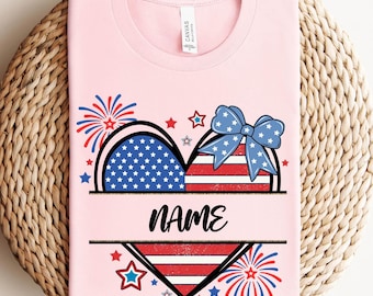 Personalized 4th of July Shirt, Custom Name Patriotic Heart Tee,American Flag Sweatshirt, Independence Day Outfit, USA Fireworks Shirt Women