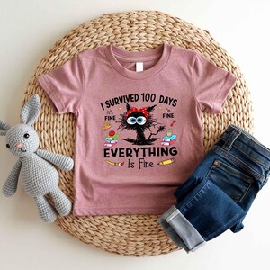 May include: A mauve short-sleeved t-shirt with the text "I Survived 100 Days Everything Is Fine" and a cartoon cat graphic. The shirt is paired with blue denim jeans. A gray stuffed bunny is also in the image.