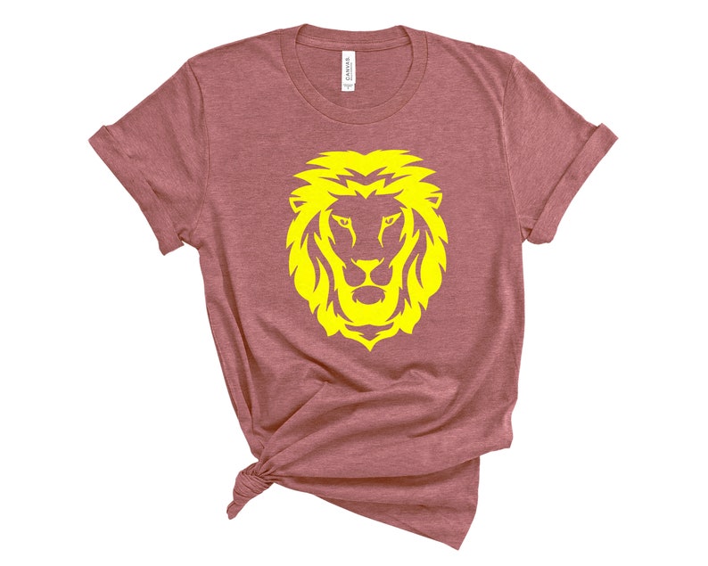 May include: A maroon t-shirt with a yellow lion head graphic.