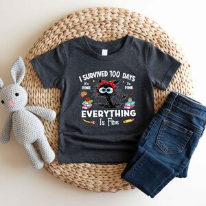 May include: Dark gray t-shirt with the text "I Survived 100 Days Everything Is Fine" and a cartoon cat wearing a red bow. The shirt is paired with blue jeans and rests on a woven mat with a gray stuffed bunny.