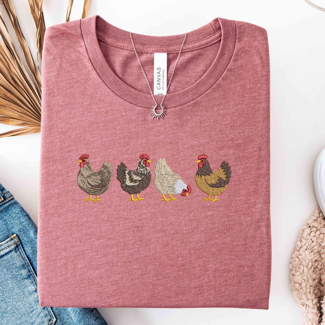 Embroidered Chicken Shirt, Farm Animal Sweatshirt, Cute Hen Graphic T-Shirt, Country Farmh