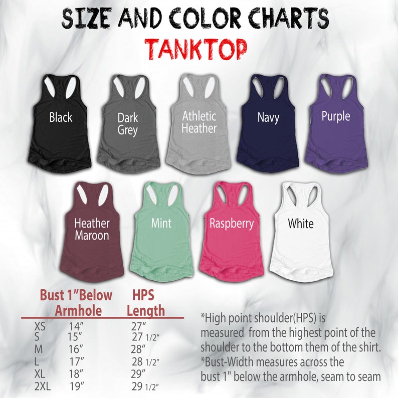 Pu&ograve; includere: Una tabella delle taglie e dei colori per canotte, che mostra vari colori tra cui nero, blu navy e bianco. La tabella include le misure del busto e della lunghezza HPS in pollici per le taglie dalla XS alla 2XL. Il testo sull'immagine recita "TANKTOP".