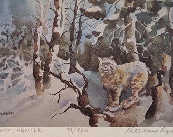 Night Hunter Signed & Numbered Offset Lithograph by Kathleen Lynch This lynx is hunting at night in a snowy birch forest