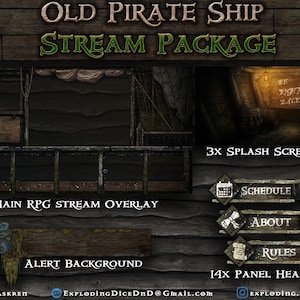 May include: A digital illustration of a pirate ship themed Twitch stream package. The package includes a main stream overlay, alert background, 3 splash screens, and 14 panel headers. The image features a wooden plank background with a pirate ship mast and a lantern.