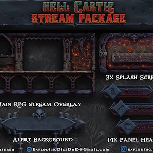 Może przedstawiać: Cyfrowa ilustracja pakietu strumieniowego Hell Castle dla Twitch lub YouTube. Pakiet zawiera główny nakładkowy interfejs strumieniowy RPG, 3 ekrany powitalne, 14 nagłówków paneli i tło powiadomienia. Obraz przedstawia ciemny, gotycki styl z czerwonymi i czarnymi akcentami.