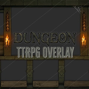 Könnte beinhalten: Ein digitales Overlay für Tabletop-Rollenspiele (TTRPG) mit einer Dungeon-Szene mit Steinwänden, Fackeln und einem Holzrahmen. Der Text "DUNGEON TTRPG OVERLAY" wird in der Mitte angezeigt.