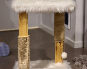 Custom Made | Modern Faux Fur Real Wood Cat Play Furniture | Double Sisal Scratch Post