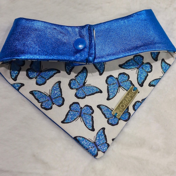 Metallic Blue & White Butterfly Sparkle Reversible Pet Bandana | for Cats and Small Dogs