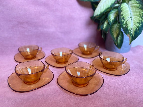 Set of Six Amber Vereco France Glass Coffee Cups and Saucers 1940s