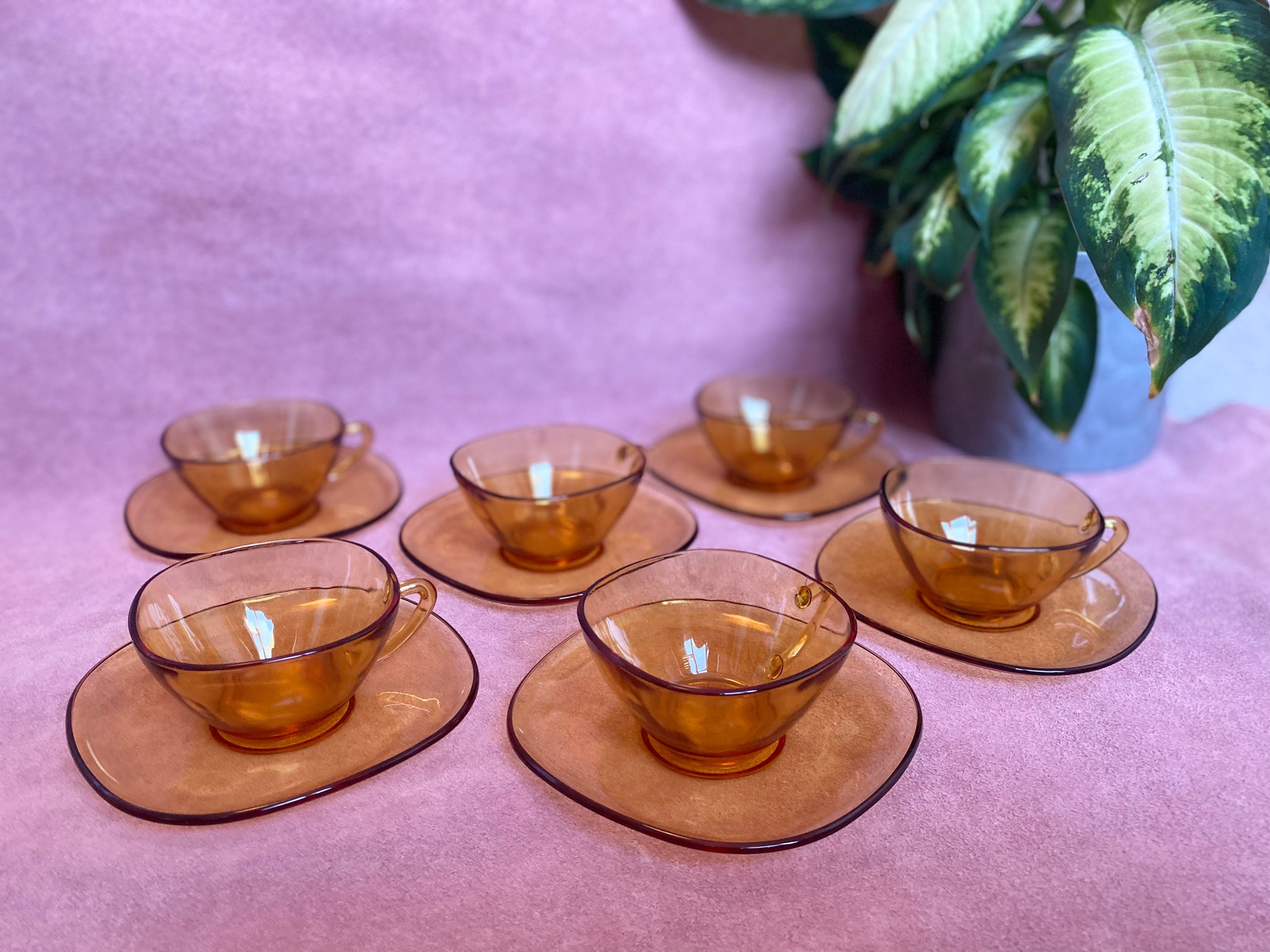 Set of Six Amber Vereco France Glass Coffee Cups and Saucers 1940s