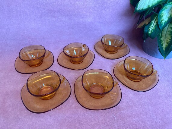 Set of Six Amber Vereco France Glass Coffee Cups and Saucers 1940s