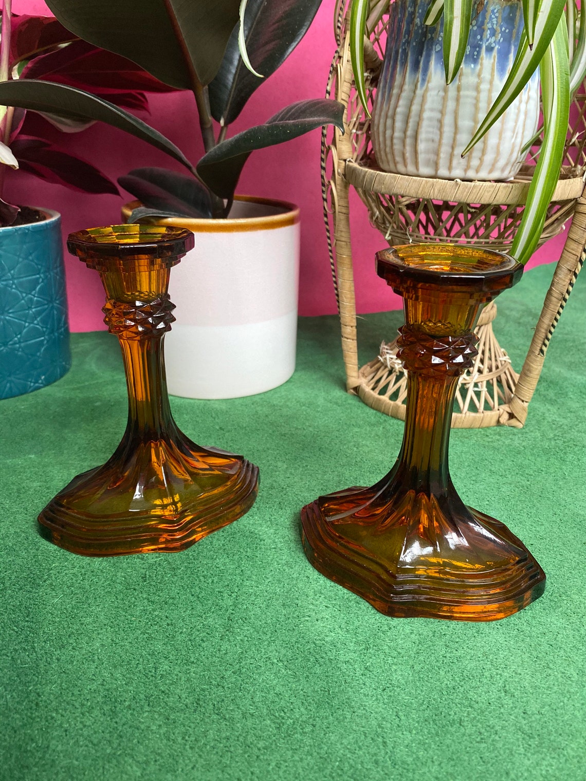 Pair of Art Deco Amber Glass Candlesticks Etsy