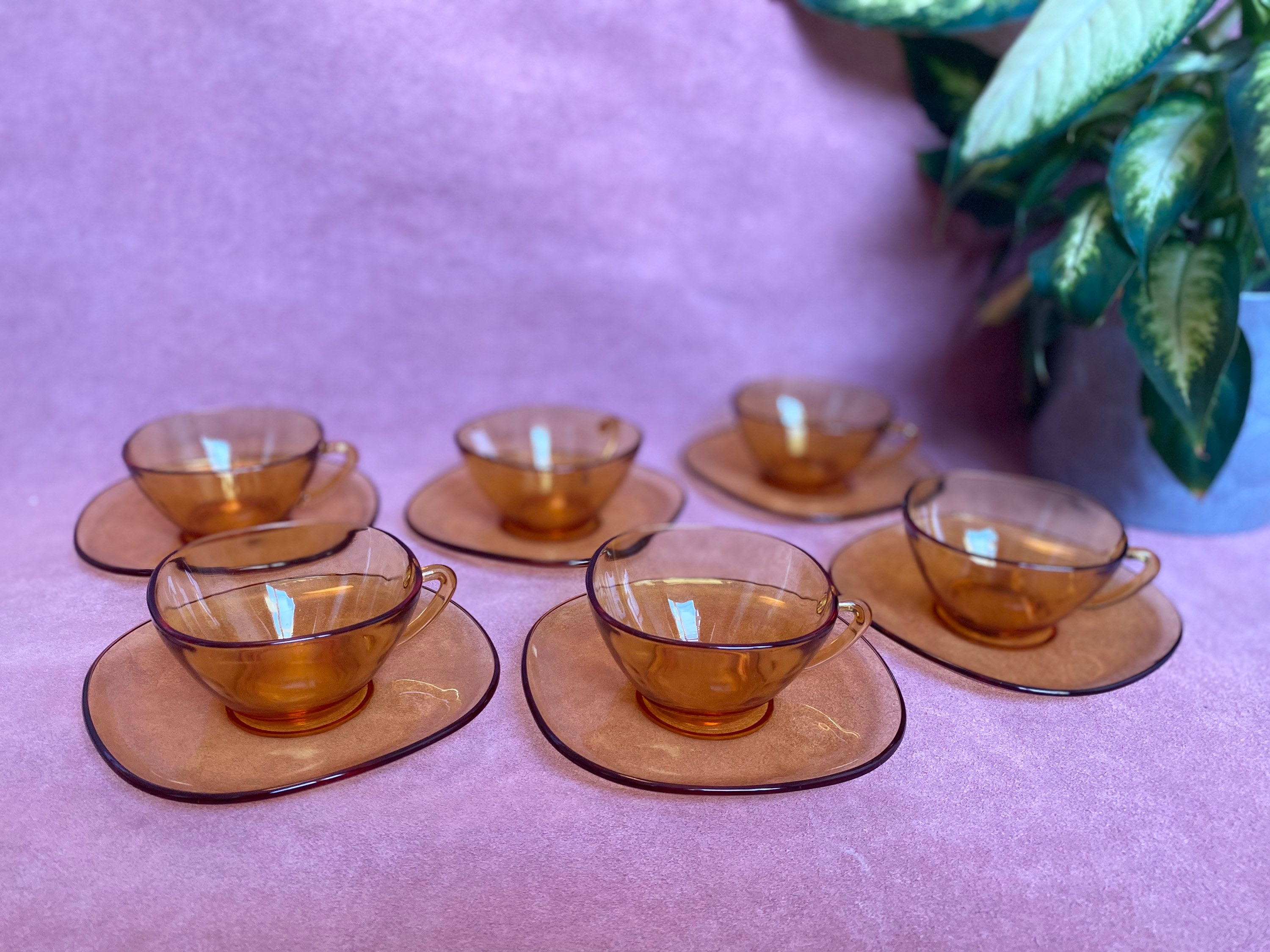 Set of Six Amber Vereco France Glass Coffee Cups and Saucers 1940s