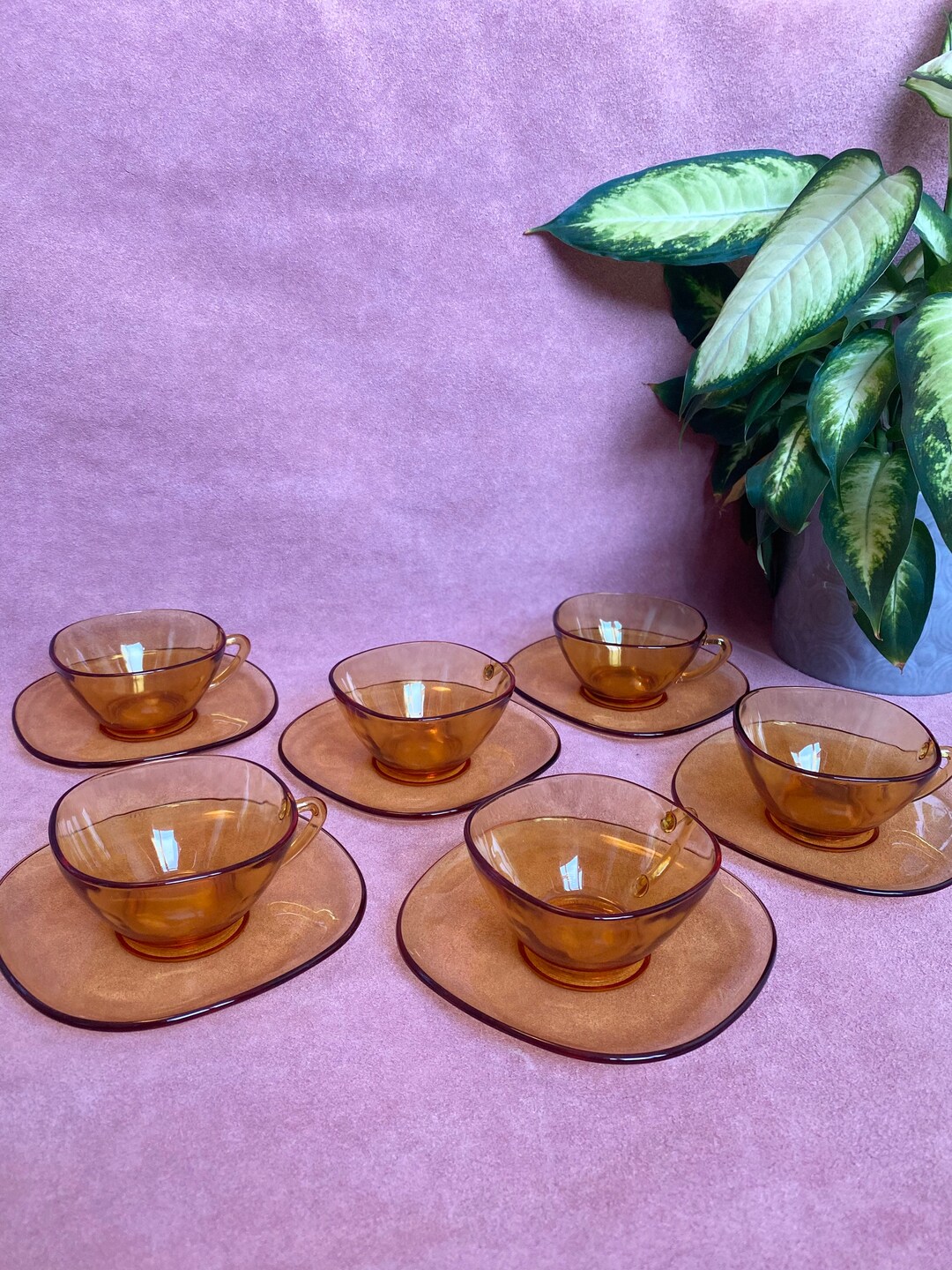 Set of Six Amber Vereco France Glass Coffee Cups and Saucers 1940s