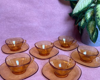 Set of Six Amber Vereco France Glass Coffee Cups and Saucers 1940s