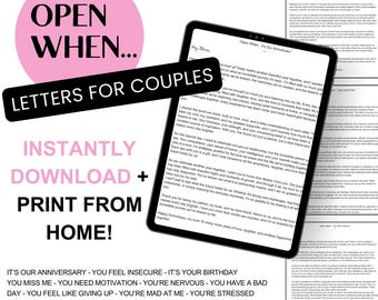 Op de afbeelding: Roze en zwarte printbare brieven voor koppels met de tekst "Open When... Letters for Couples" en "Instantly Download + Print From Home!"  De brieven zijn ontworpen om te worden geopend wanneer een stel zich onzeker voelt, een jubileum viert of motivatie nodig heeft.  De tekst "It's our anniversary - You feel insecure - It's your birthday - You miss me - You need motivation - You're nervous - You have a bad day - You feel like giving up - You're mad at me - You're stressed" is ook inbegrepen.  De tekst "10-Prewritten Letters" en "Be the reason someone feels seen" is ook inbegrepen.