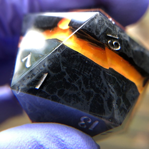 Pyroclastic Flow - 35mm d20 chonk, hand painted dice, lava dice, fire genasi dice, artisan dice, handmade dice, Dnd Gifts for him, for her