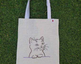 Cat Drawing Hand Embroidered Handmade High Quality Shoulder Tote Bag