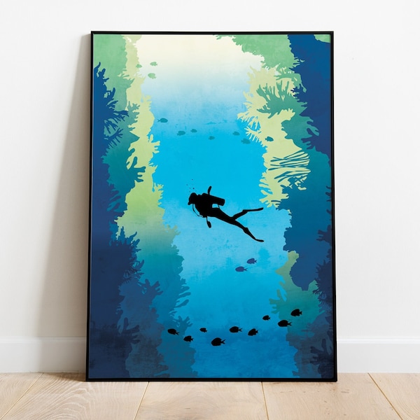 Scuba diving poster. Diver print. Coral reef sea fish diver deep ocean wall art decor