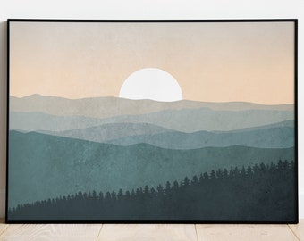 Impresión artística de paisaje de montaña al amanecer / Decoración de pared minimalista
