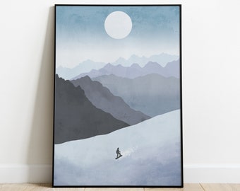 Snowboarding print | Snowboarding poster | Snowboard art | Snowboarding gifts | Snowboarding gift | Snowy mountains art print