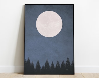 Impresión de luna de bosque azul marino / Arte de pared de cielo nocturno