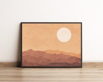 Impresión artística de paisaje montañoso minimalista / Decoración de pared ocre