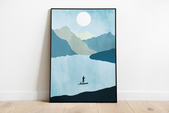 Paddle Boarding Art Print, Paddle Board Wall Art, SUP Poster, Mountain Lake Print, Paddleboarder Gift, Outdoor Adventure Decor